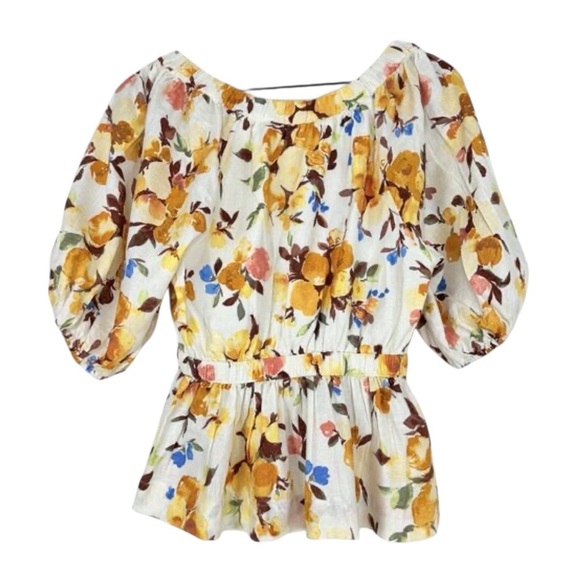 Abercrombie & Fitch Floral Baby Doll Top Size S Cottage Puff Sleeves Linen Blend - Picture 2 of 7